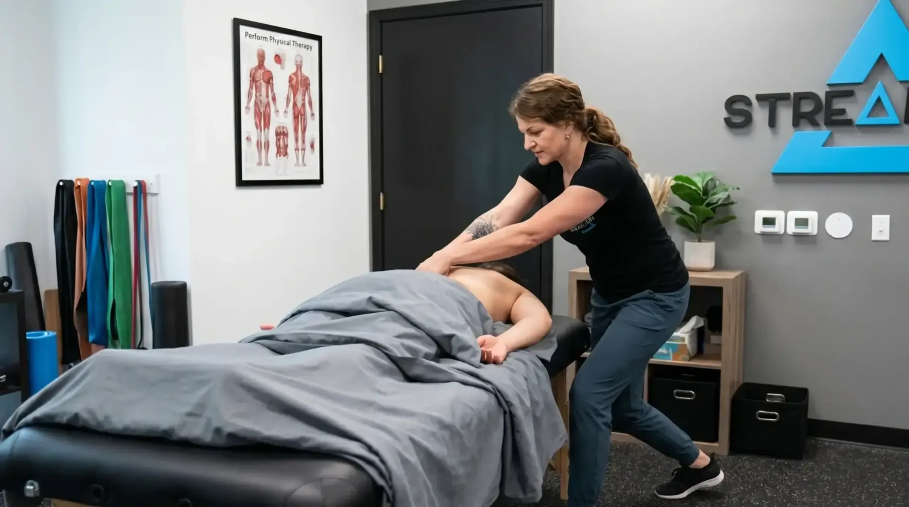 A private treatment room at Streamline Performance Physical Therapy in Phoenix, with a clinician working on a draped patient